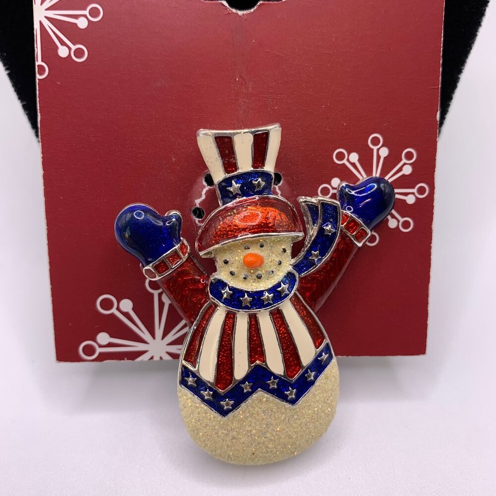 HOLIDAY CHEER RED WHITE & BLUE SNOWMAN BROOCH/PIN NWT